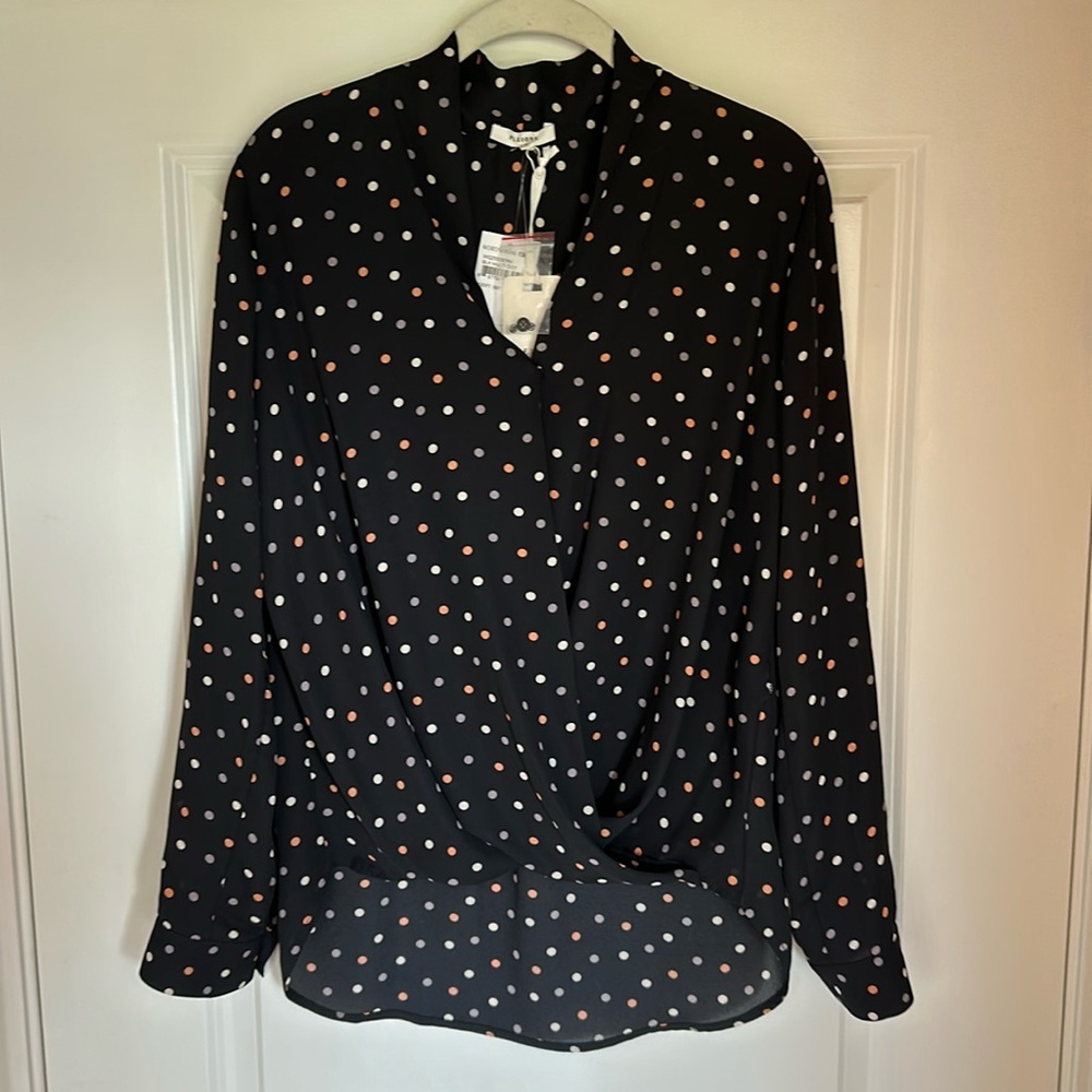 Pleione Surplice Roll Sleeve High/Low Blouse, Black Multi Dot, Small - NWT